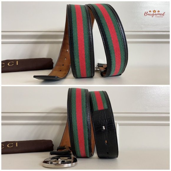 Authentic Gucci Web Green/Red Canvas Silver Interlocking G Buckle Belt 100/40 - Picture 8 of 13